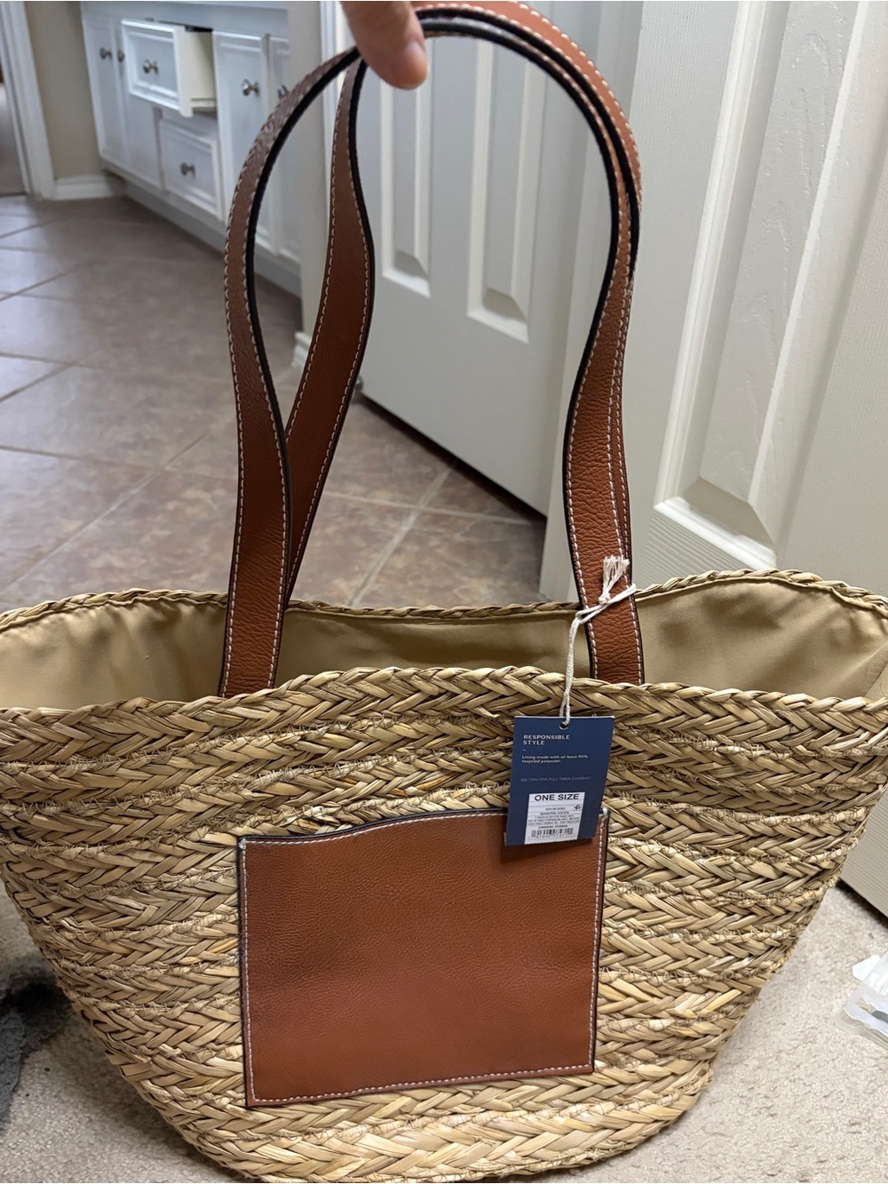 Universal Thread Woven Straw Tote with Brown Leather Trim - Women's Beach Bag